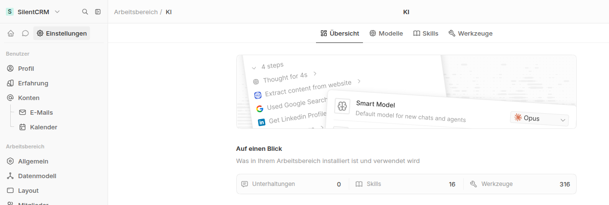 KI-Übersicht: Unterhaltungen, Skills und Werkzeuge deines Arbeitsbereichs, dazu das aktuelle Standardmodell.