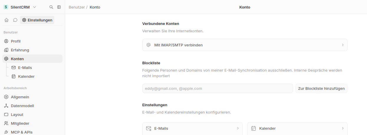 Verbundene Konten: Mit IMAP/SMTP verbinden ist der einzige Weg, dazu Blockliste und eigene Einstellungen für E-Mails und Kalender.