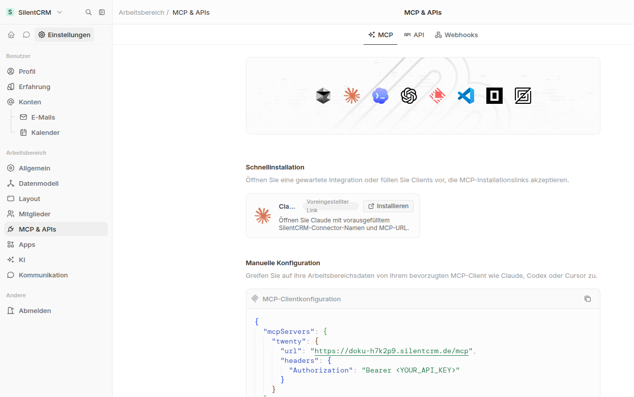 MCP: Schnellinstallation für Claude, dazu die manuelle Konfiguration mit MCP-URL und API-Schlüssel für weitere Clients.