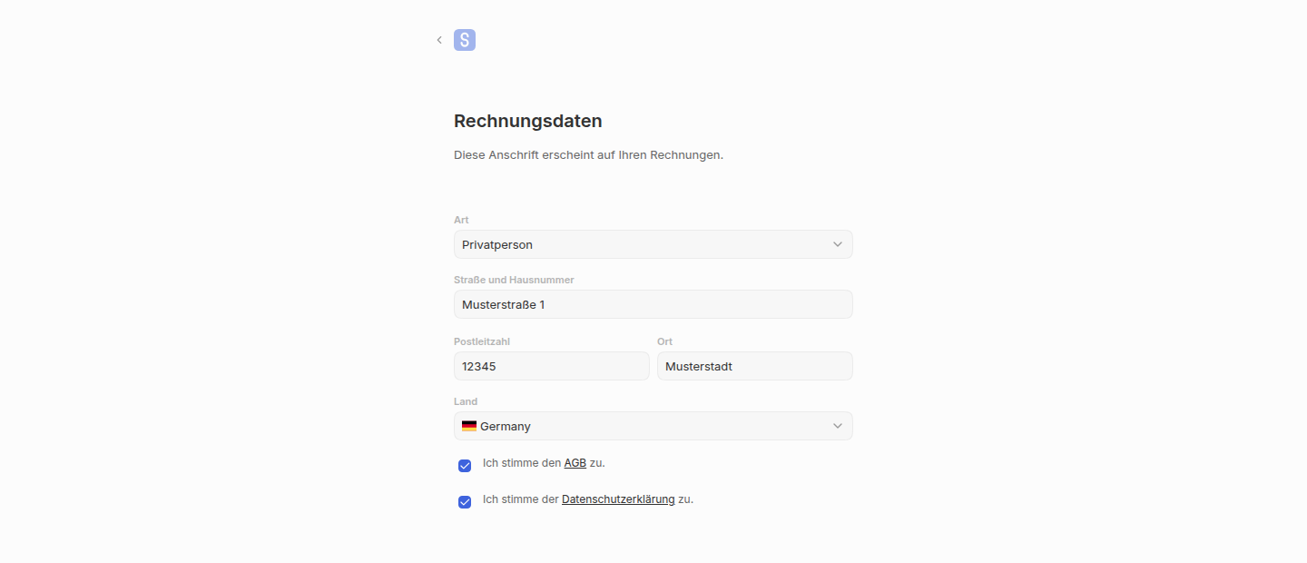 Rechnungsdaten: Anschrift und Land, dazu die Zustimmung zu AGB und Datenschutzerklärung. Ohne diesen Schritt geht es nicht weiter.