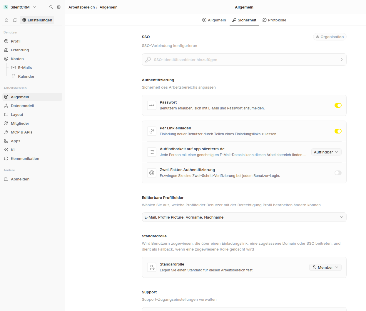 Sicherheits-Einstellungen: Authentifizierung, Support-Zugang, Audit-Logs und die Aufbewahrungsfrist für gelöschte Datensätze.