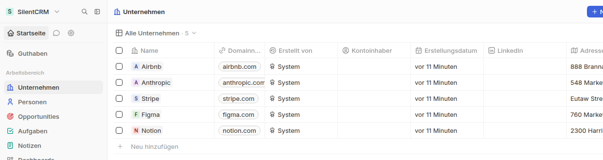 Die Seitenleiste eines frischen Arbeitsbereichs: oben Startseite, KI, Einstellungen, Guthaben, darunter der Arbeitsbereich mit seinen Objekten.