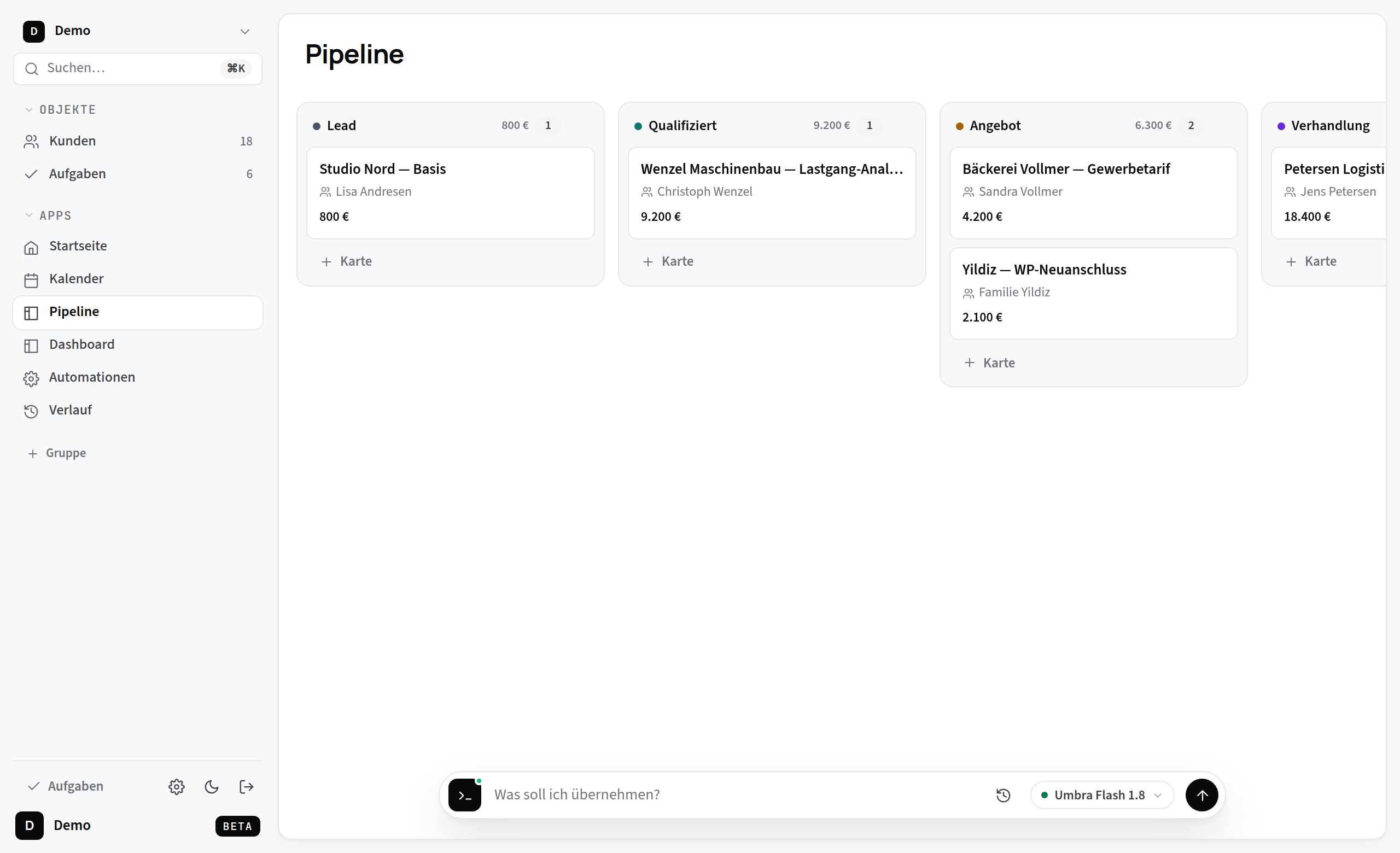 Die Pipeline: eine Spalte je Phase, Karten per Drag & Drop verschiebbar.